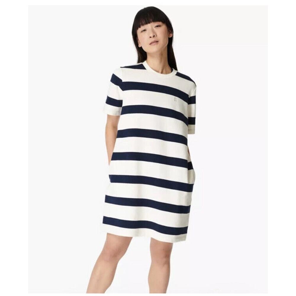 Sweaty Betty Striped Cotton Sweatshirt Dress w/ pockets, XS Extra Small Navy